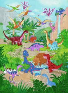 Dětská fototapeta s barevnými dinosaury v pravěké krajině do dětského pokojíčku