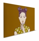 Obraz na plátně s moderní ilustrací ženy se symbolem ticha na jednobarevném pozadí