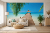 Fototapeta na stěnu s dřevěným molem, palmami a tyrkysovým mořem v tropickém stylu